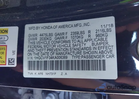 2019 Honda Accord Sport from USA, damaged, VIN 1HGCV1F34KA006369